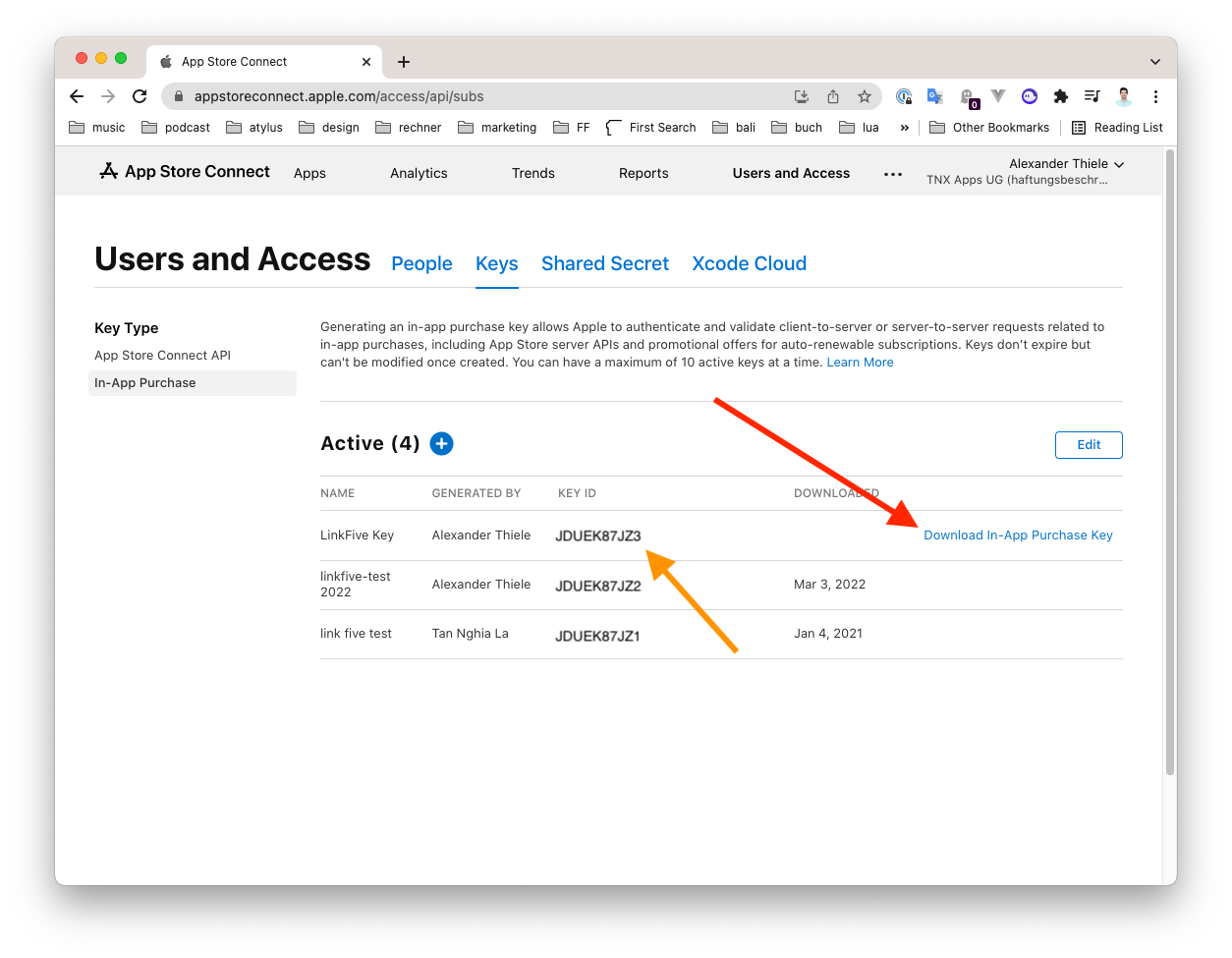Step 2 to create app store subscription key for LinkFive