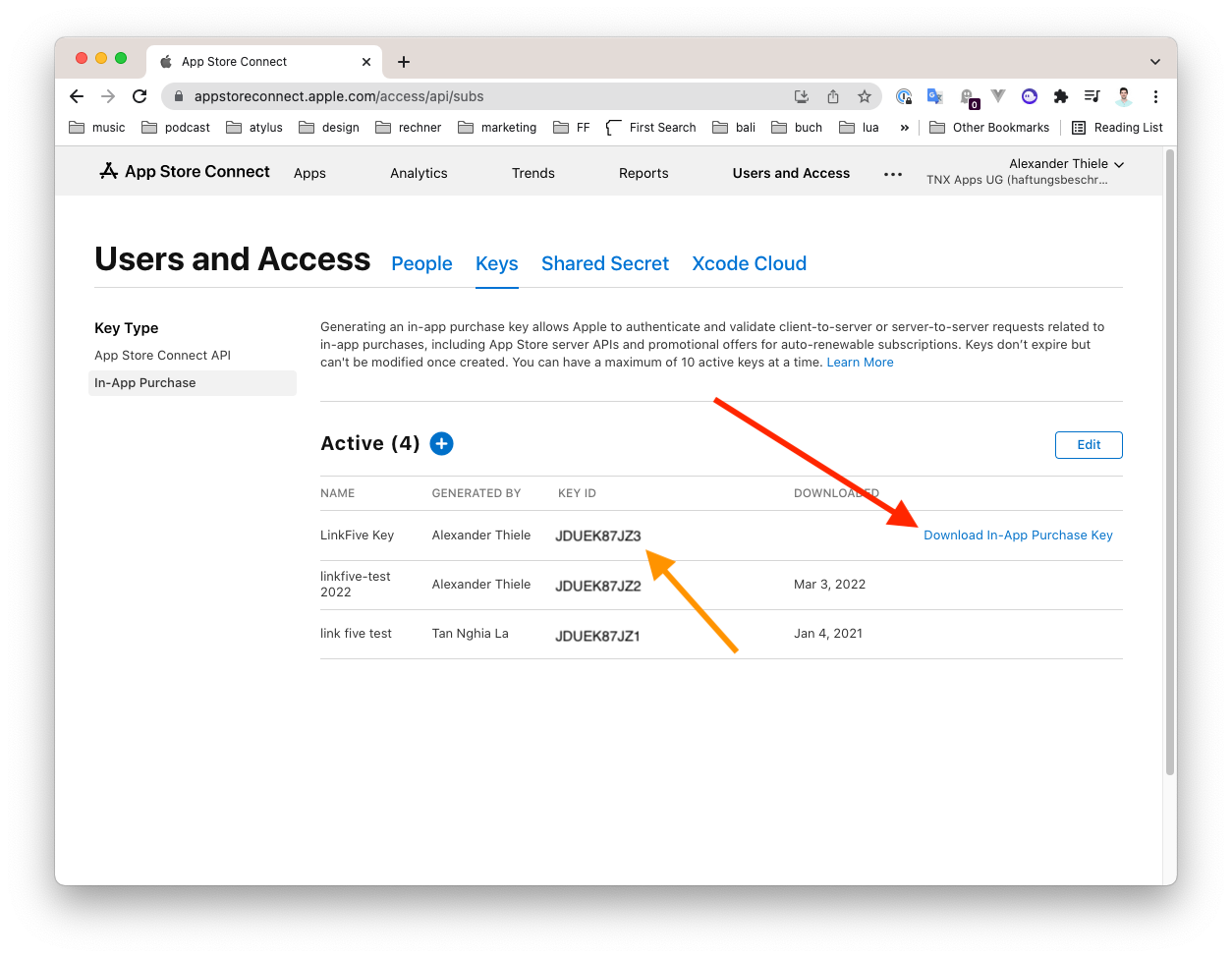Step 2 to create app store subscription key for LinkFive Step 2 to create app store subscription key for LinkFive