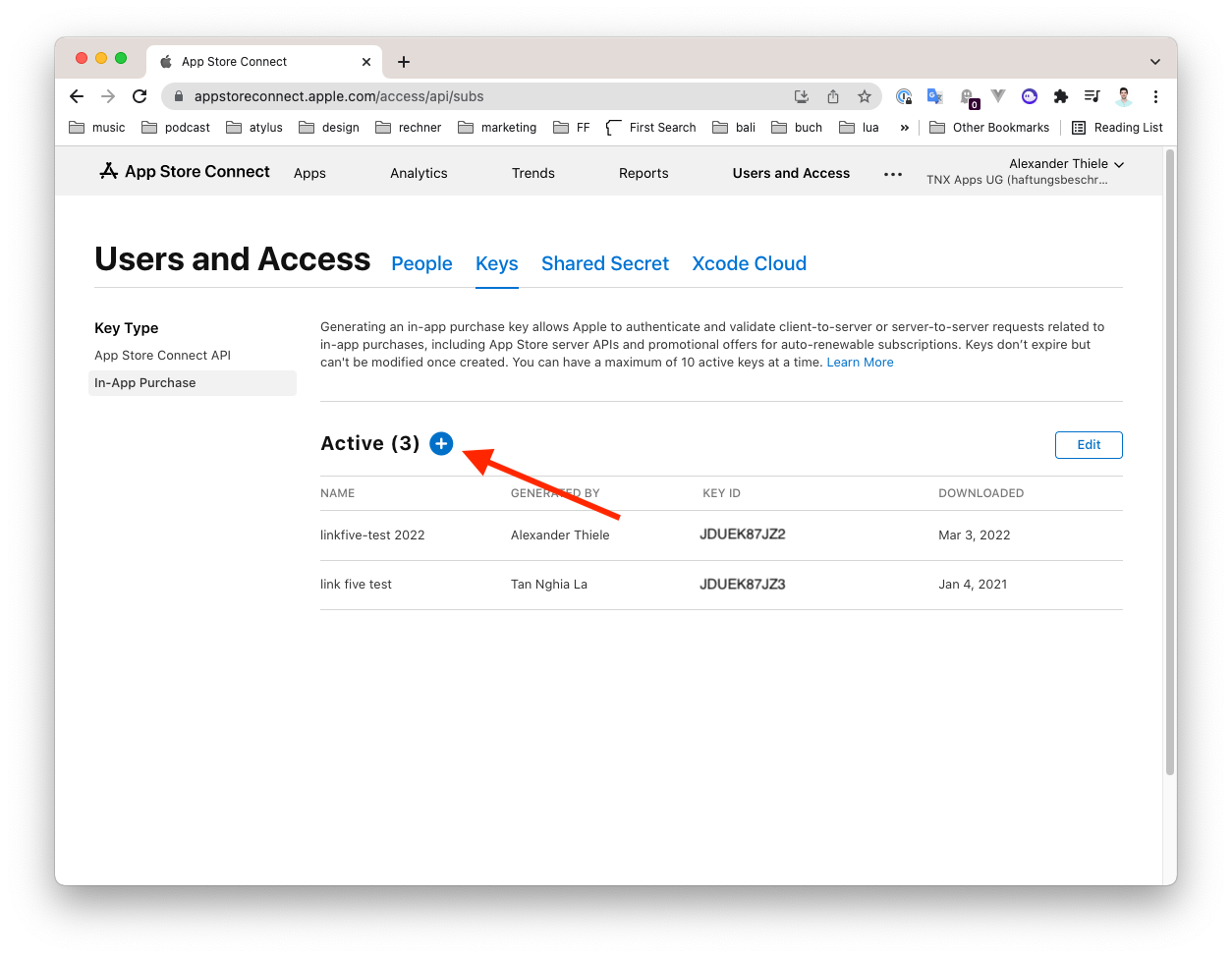 Step 1 to create app store subscription key for LinkFive