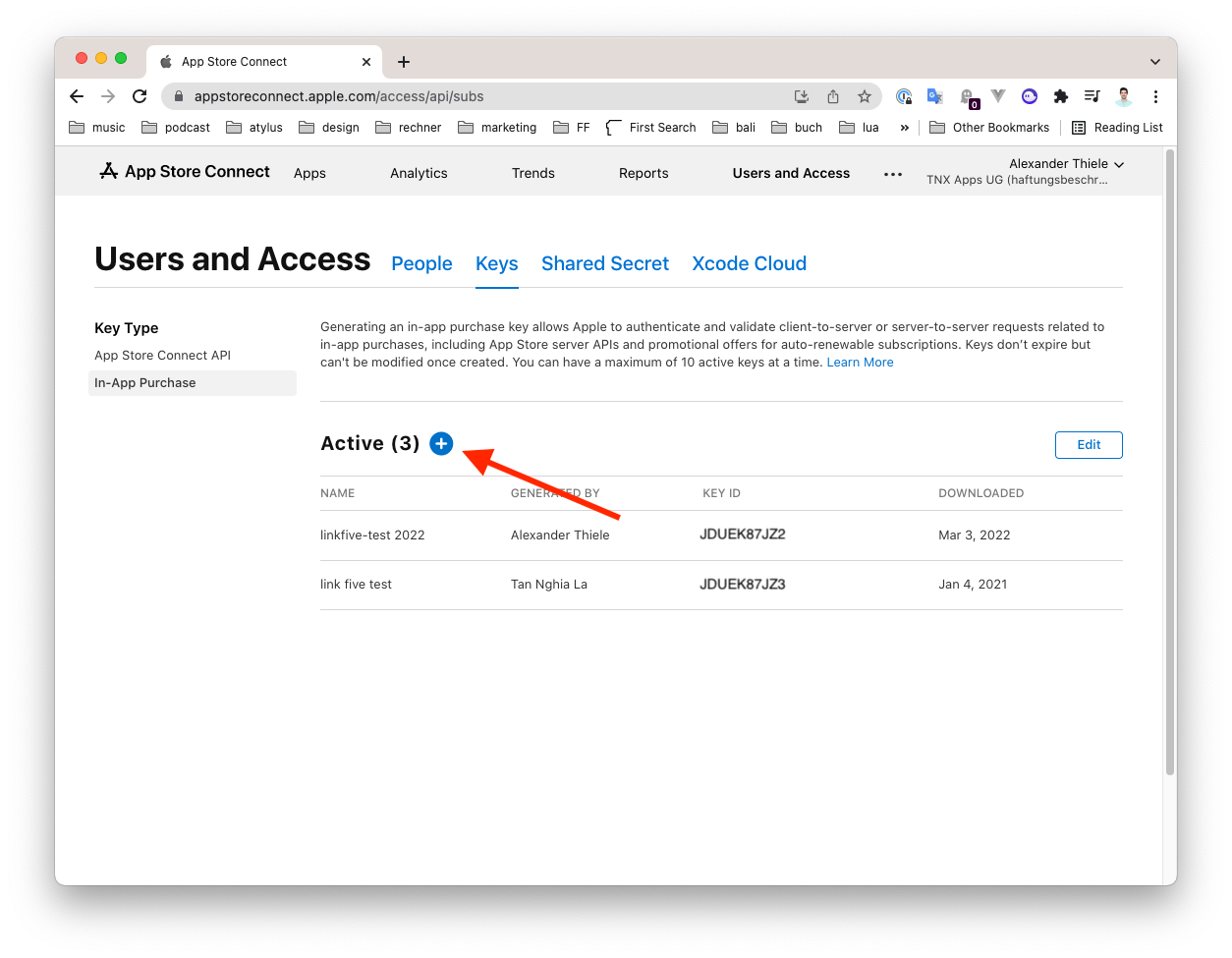 Step 1 to create app store subscription key for LinkFive Step 1 to create app store subscription key for LinkFive