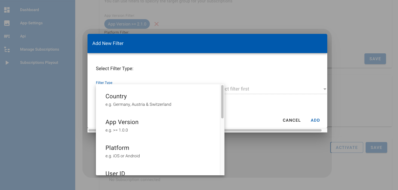 Subscription playout filter - options Subscription playout filter - options