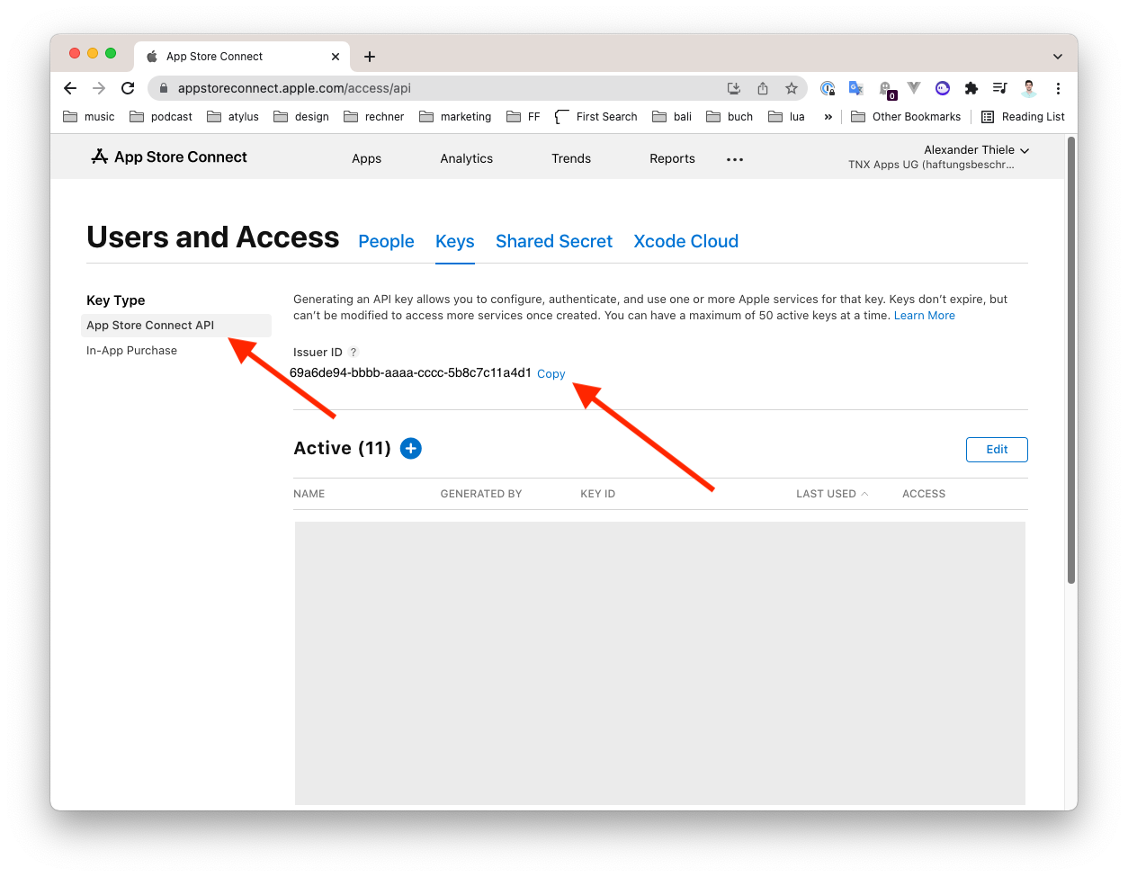 Step 2 to create app store subscription key for LinkFive Step 2 to create app store subscription key for LinkFive
