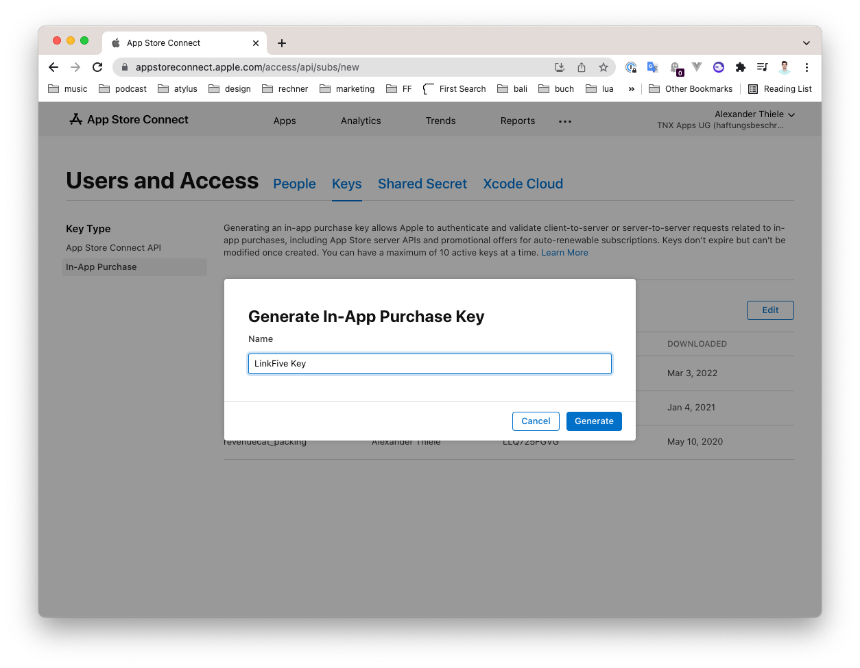 Step 2 to create app store subscription key for LinkFive