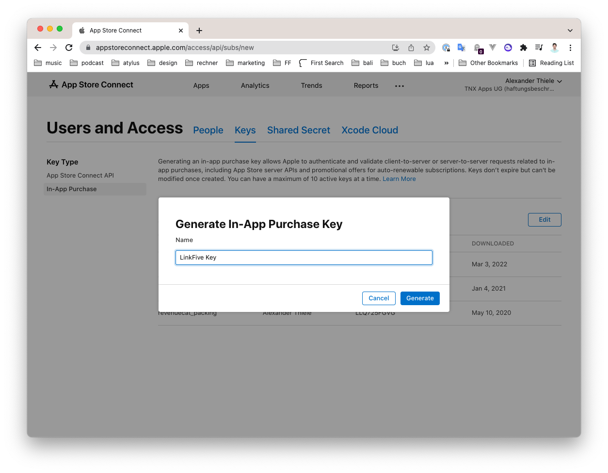 Step 2 to create app store subscription key for LinkFive Step 2 to create app store subscription key for LinkFive